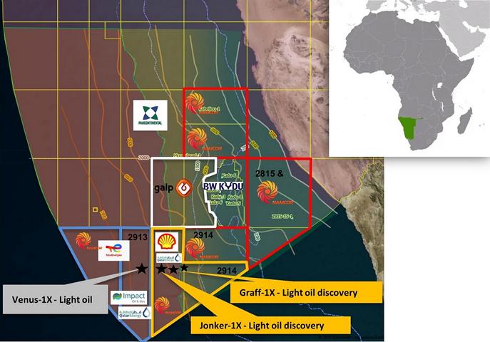 Eine Übersicht über die bisherigen Ölfunde von Shell und QatarEnergy vor der Küste Namibias; © Namcor