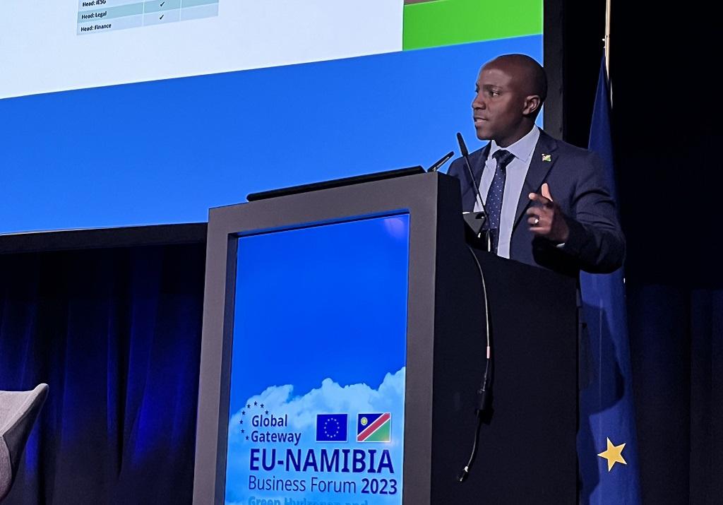 James Mnyupe beim EU-Namibia Business Forum in Brüssel; © NIPDB